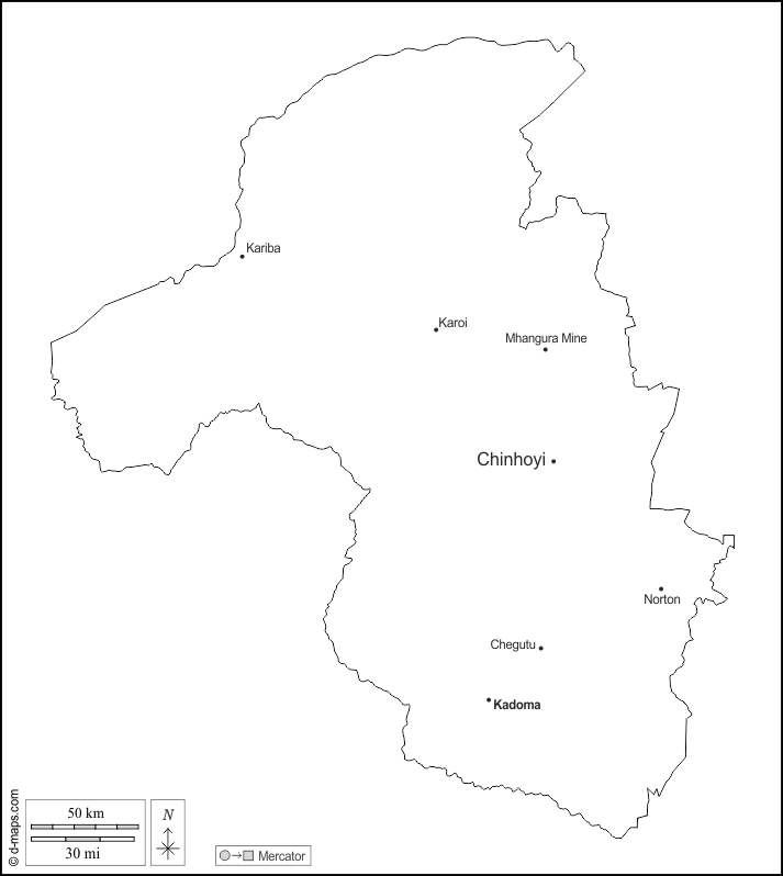Mashonaland occidental : d-maps.com: carte géographique gratuite, carte géographique muette gratuite, carte vierge gratuite, fond de carte gratuit, formats graphiques courants : contours, principales villes, noms, blanc