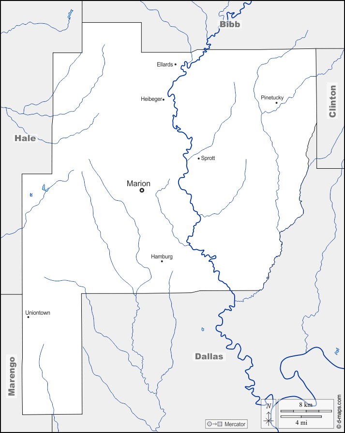 佩里县 : d-maps.com: 免费地图, 免费的空白地图, 免费的轮廓地图, 免费基地地图 : 边界, 水文学, 主要城市, 名称