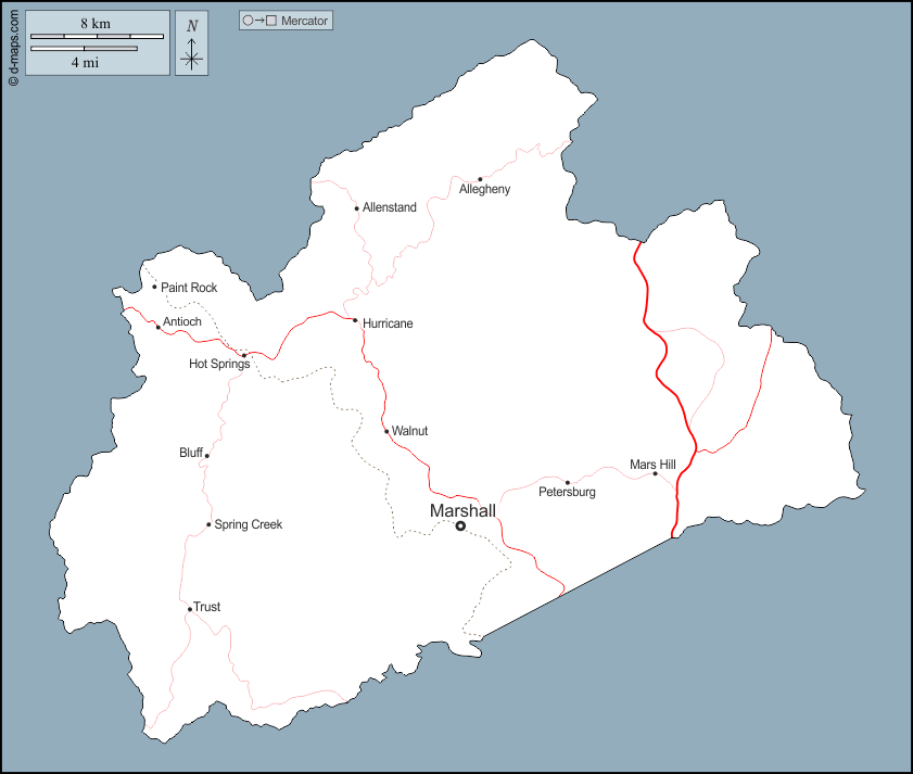 麥迪遜縣 : d-maps.com: 免费地图, 免费的空白地图, 免费的轮廓地图, 免费基地地图 : 大纲, 主要城市, 道路, 名称