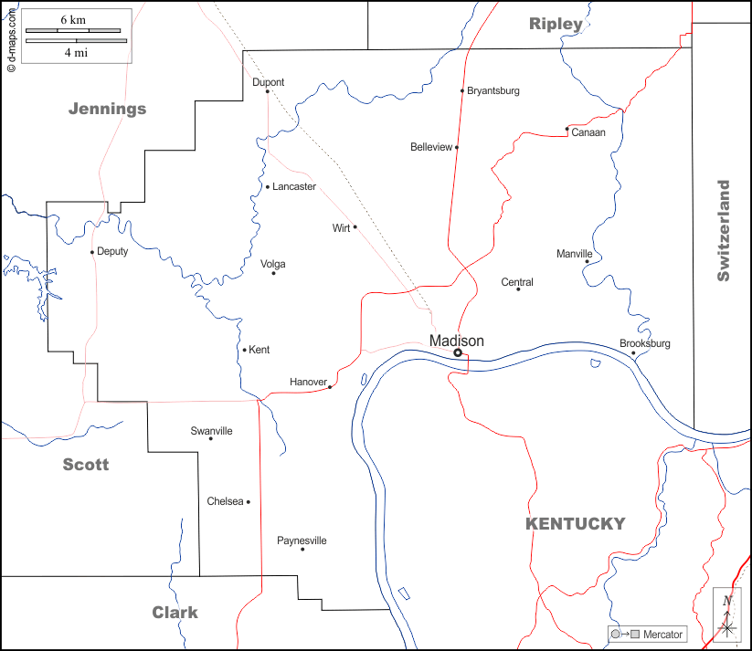 ジェファーソン郡 : d-maps.com: 無料地図, 無料の空の地図, 無料のアウトラインマップ, 無料のベースマップ
 : 境界, 川と湖, 主要都市, 道路, 名前, 白い