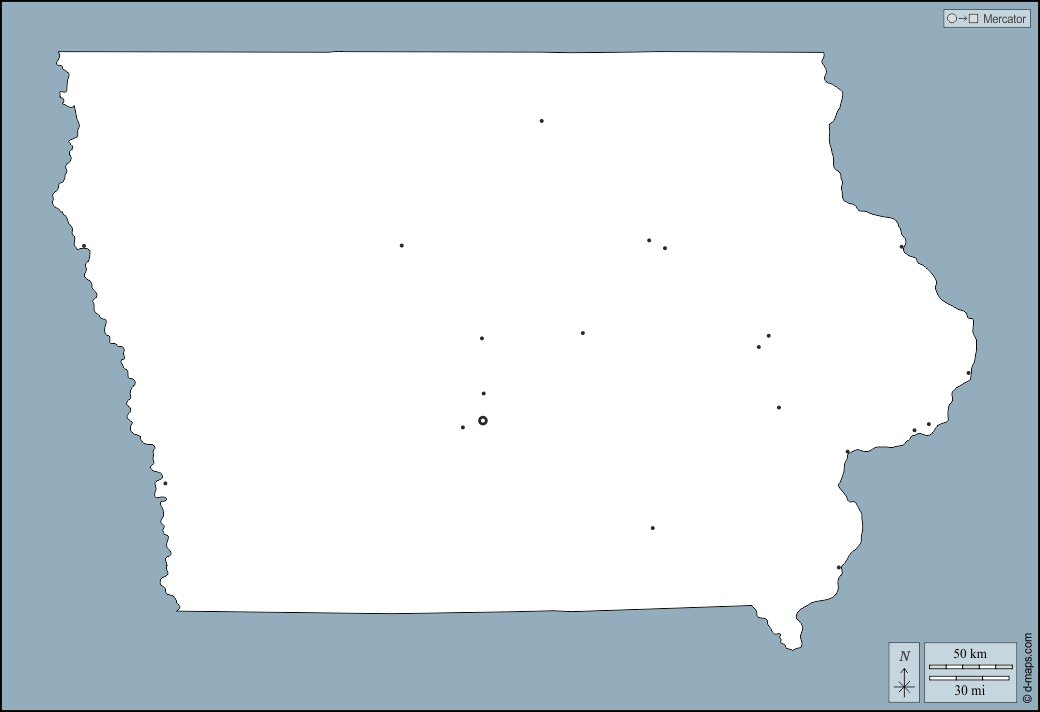 Iowa : d-maps.com: carte géographique gratuite, carte géographique muette gratuite, carte vierge gratuite, fond de carte gratuit, formats graphiques courants : contours, principales villes