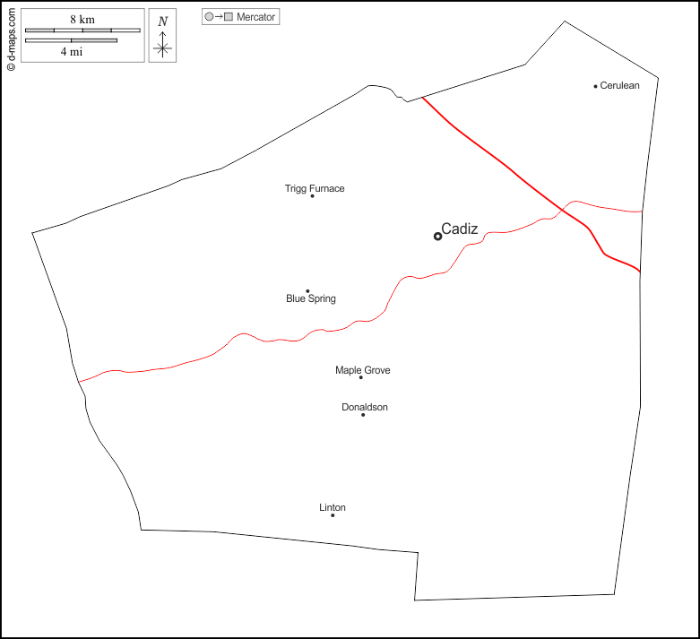 Тригг-Каунти : d-maps.com: Бесплатная карта, бесплатная карта, свободная карта, Бесплатная базовая карта
 : контур, Главные города, дорог, имена, Белый
