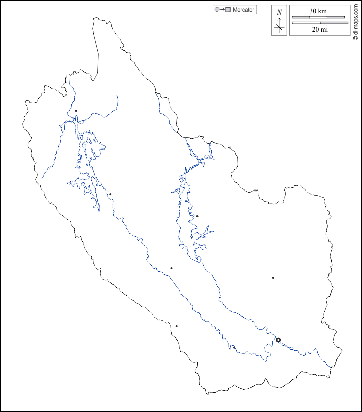北碧府 : d-maps.com: 免费地图, 免费的空白地图, 免费的轮廓地图, 免费基地地图 : 大纲, 水文学, 主要城市, 白