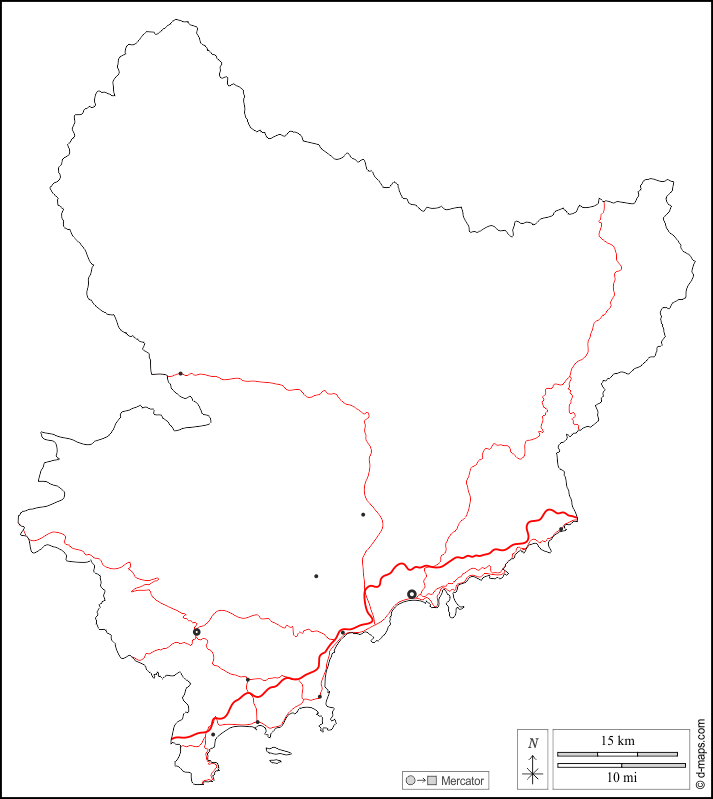 Alpes-Maritimes : d-maps.com: carte géographique gratuite, carte géographique muette gratuite, carte vierge gratuite, fond de carte gratuit, formats graphiques courants : contours, principales villes, routes, blanc