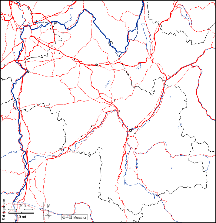 Isère : d-maps.com: carte géographique gratuite, carte géographique muette gratuite, carte vierge gratuite, fond de carte gratuit, formats graphiques courants : frontières, hydrographie, principales villes, routes, blanc