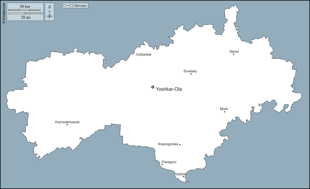 Mari El  : d-maps.com: carte géographique gratuite, carte géographique muette gratuite, carte vierge gratuite, fond de carte gratuit, formats graphiques courants : contours, principales villes, noms