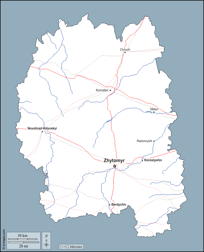 Jytomyr : d-maps.com: carte géographique gratuite, carte géographique muette gratuite, carte vierge gratuite, fond de carte gratuit, formats graphiques courants : contours, hydrographie, principales villes, routes, noms